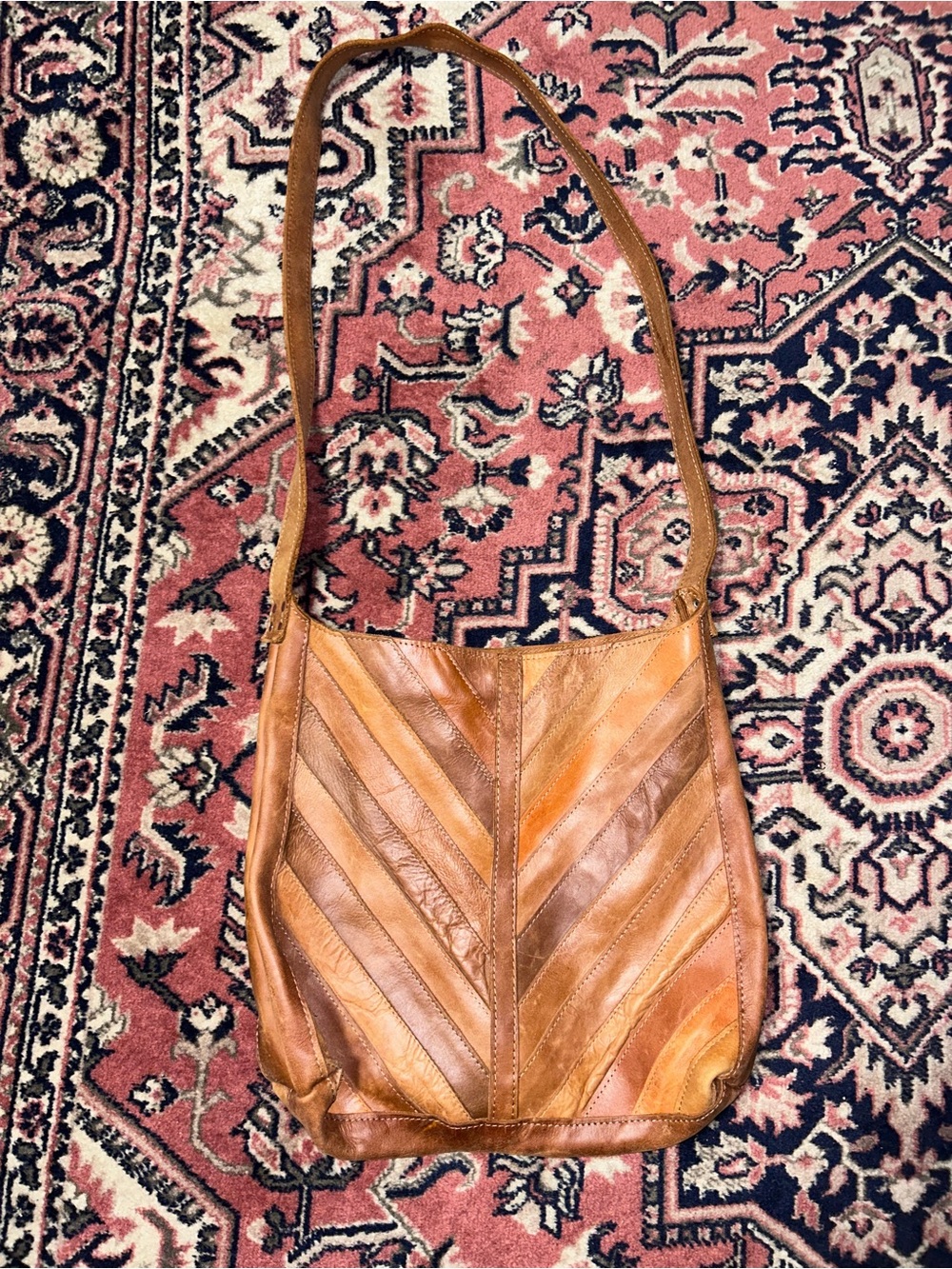 Chevron Patchwork Leather Crossbody Bag - Tan